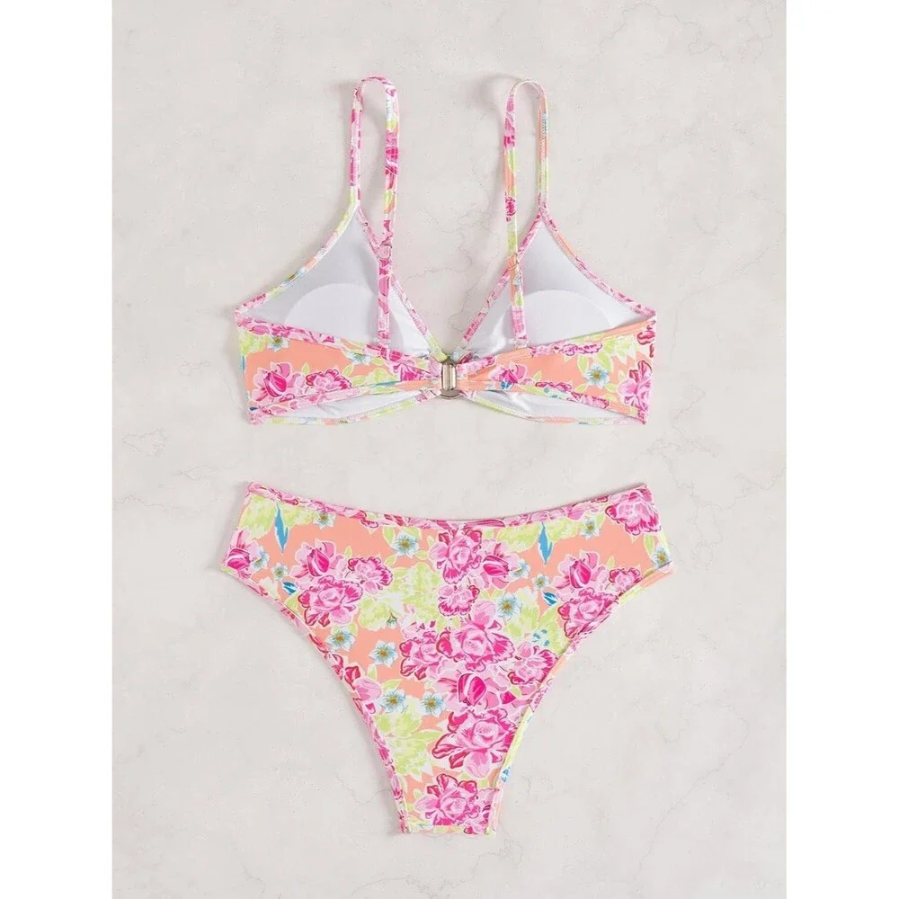 Women's Two Piece Swimsuits LARGE Triangle Bikini Sets O Ring Floral Pink Green